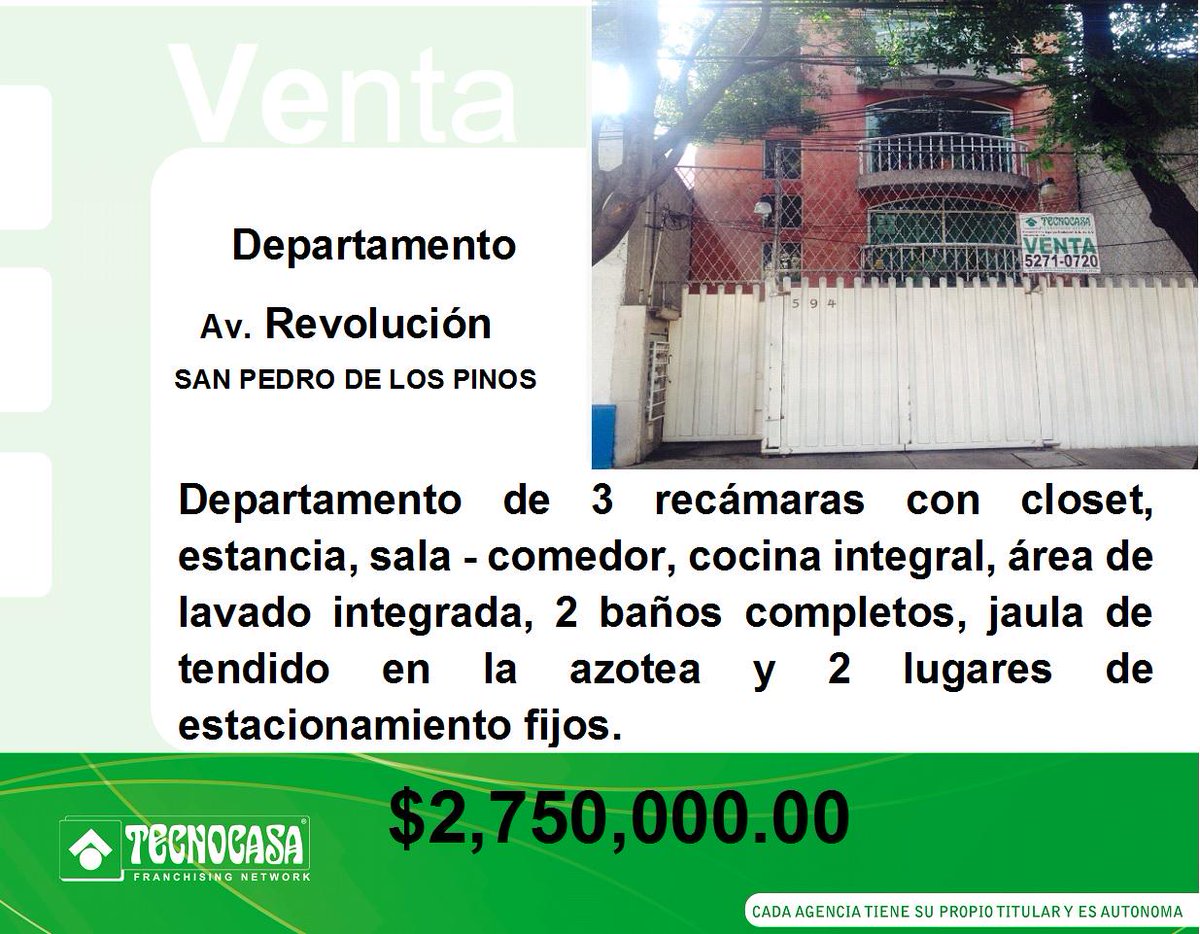 Departamento en #Venta en Av. Revolución #SanPedrodelosPinos
Hazlo tuyo en Tecnocasa @Vendo_DF
bit.ly/1Ccx4pv