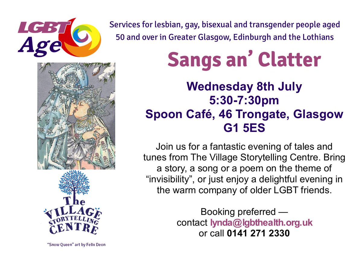 Next Wednesday: Sangs an' Clatter at Spoon cafe, Trongate, with <a href="/VillageStories/">Village Storytelling</a> lgbthealth.org.uk/event/glasgow-…