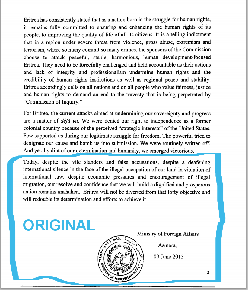 Ternafi's tweet photo. #ForgeryIsACrime @UN_HRC responsible for forgery &amp; defamation of #Eritrea #HandsOffEritrea #BogusReport #HRC29 http://t.co/RcR3kD3K1N