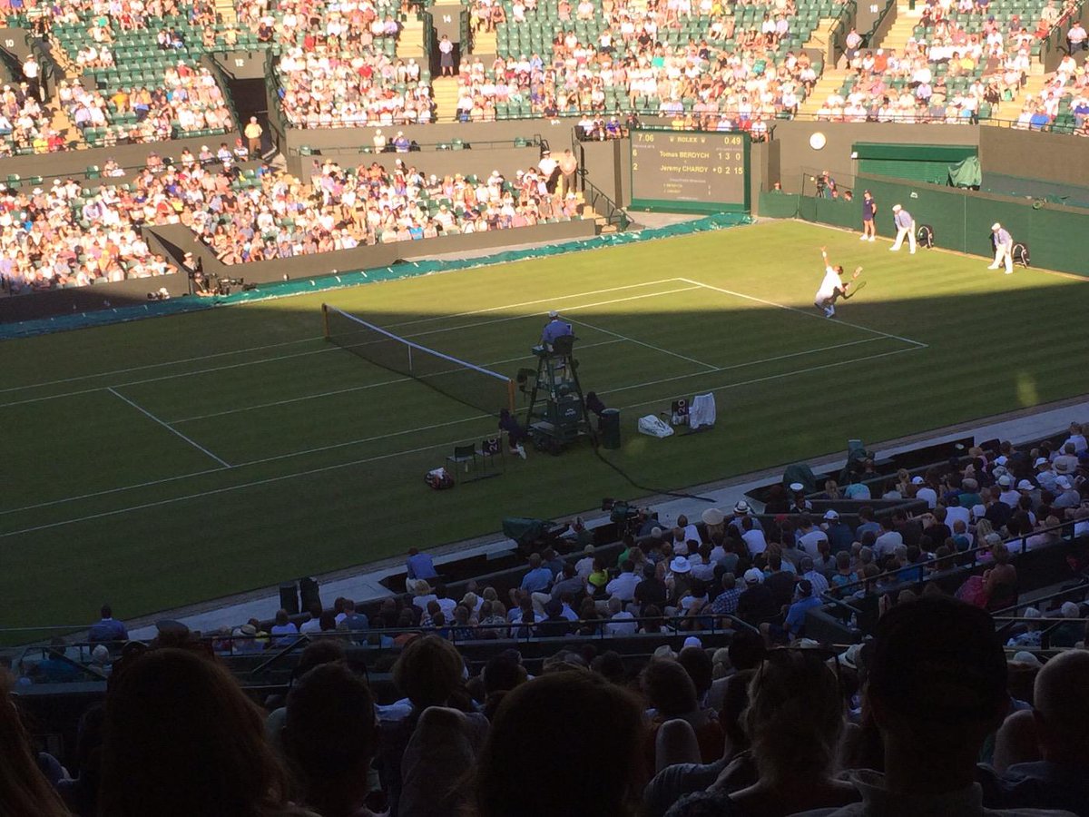 Loving the atmosphere at #Wimbledon2015 and very thankful for seats under the canopy on number 1 court. #hothothot