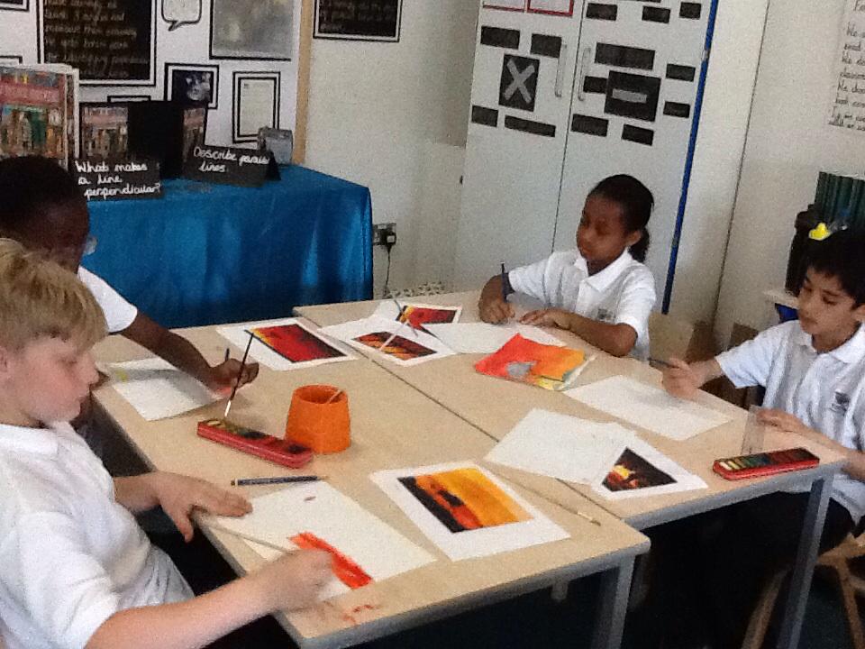 Painting the sunrise in the African Savannah using water colours <a href="/foxfield/">FoxfieldPrimary</a>