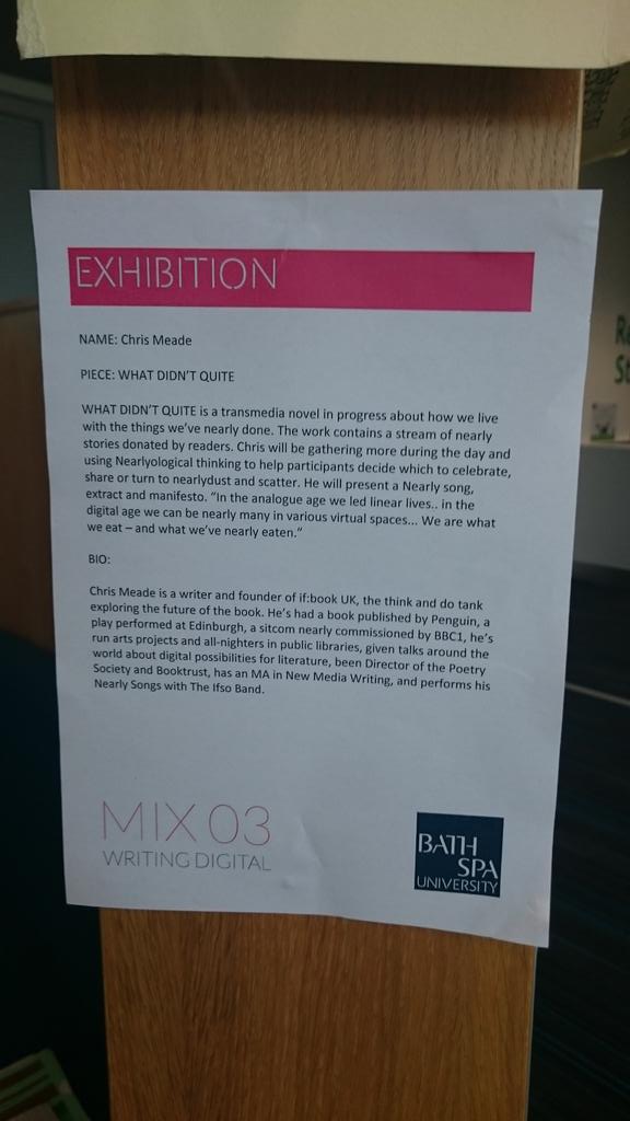 TheWritPlatform's tweet photo. Love this! Chris Meade's 'What Didn't Quite', a novel in progress! @MixConference  #mix15 http://t.co/HOkK7ld1sf