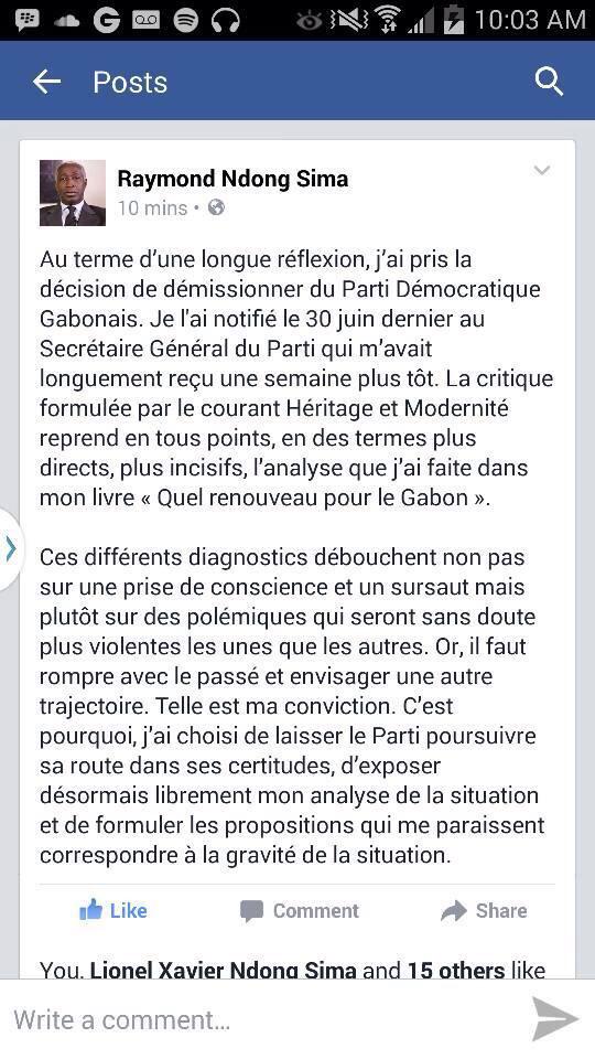 Raymond Ndong Sima quitte le PDG