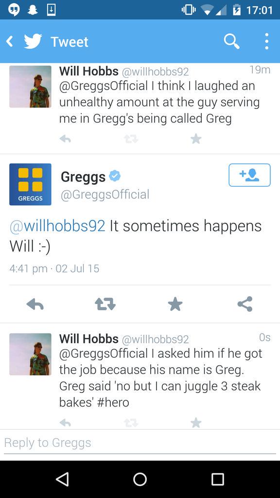 Just having a chat with Greggs on Twitter. As you do