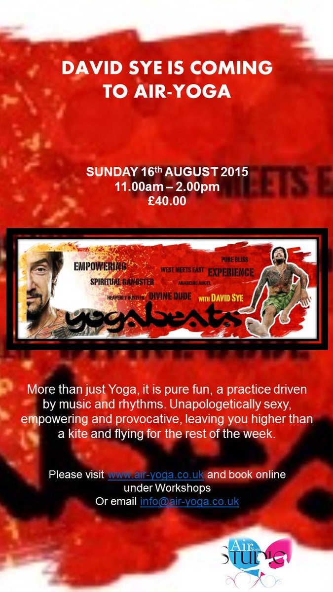 AirHolistic's tweet photo. don't miss out this August, workshop with @DavidSYogabeats an unforgettable experience and journey @AIRYOGAstudio http://t.co/VO6bN3oHb9