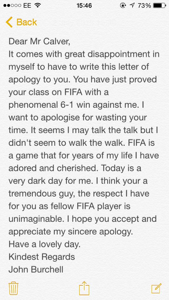 JohnBurchell10's tweet photo. @adamcalver1 #FIFAApology http://t.co/nLQTAS9W0A
