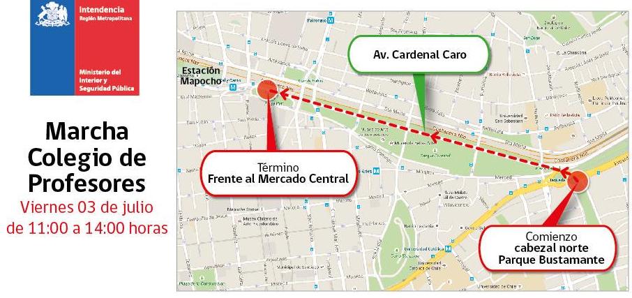 latercera's tweet photo. Mañana habrá marcha del Colegio de Profesores por el centro de Santiago desde las 11 horas. Revisa el recorrido. http://t.co/NfDWaE51Ob
