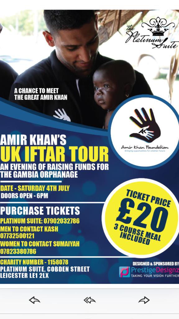 amirkingkhan's tweet photo. Our Ifthari dinners keep coming really looking forward to Leicester this Saturday contact @SumaiyahO for tickets http://t.co/V3OkIXxSoB