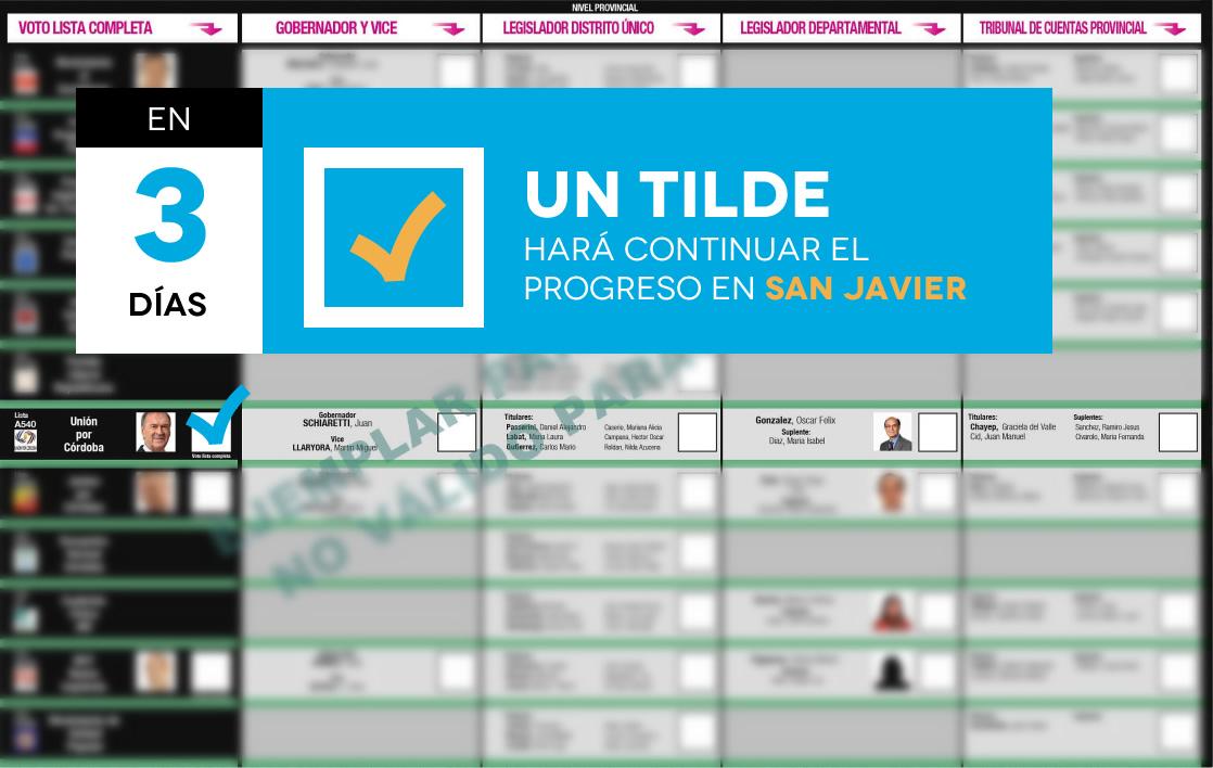 oscargonzalezok's tweet photo. Cada vez falta menos para que tu TILDE haga continuar el #Progreso en San Javier. #EleccionesCBA http://t.co/9JeksaJIsh