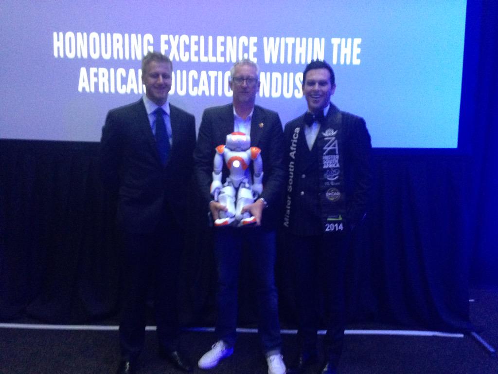 GrahamBM's tweet photo. Yours truly with SA celebs @GarethCliff, @ArmandDuPMrSA plus @NaoRobot at the #EduWeek15 Awards http://t.co/11pYWgp8B4