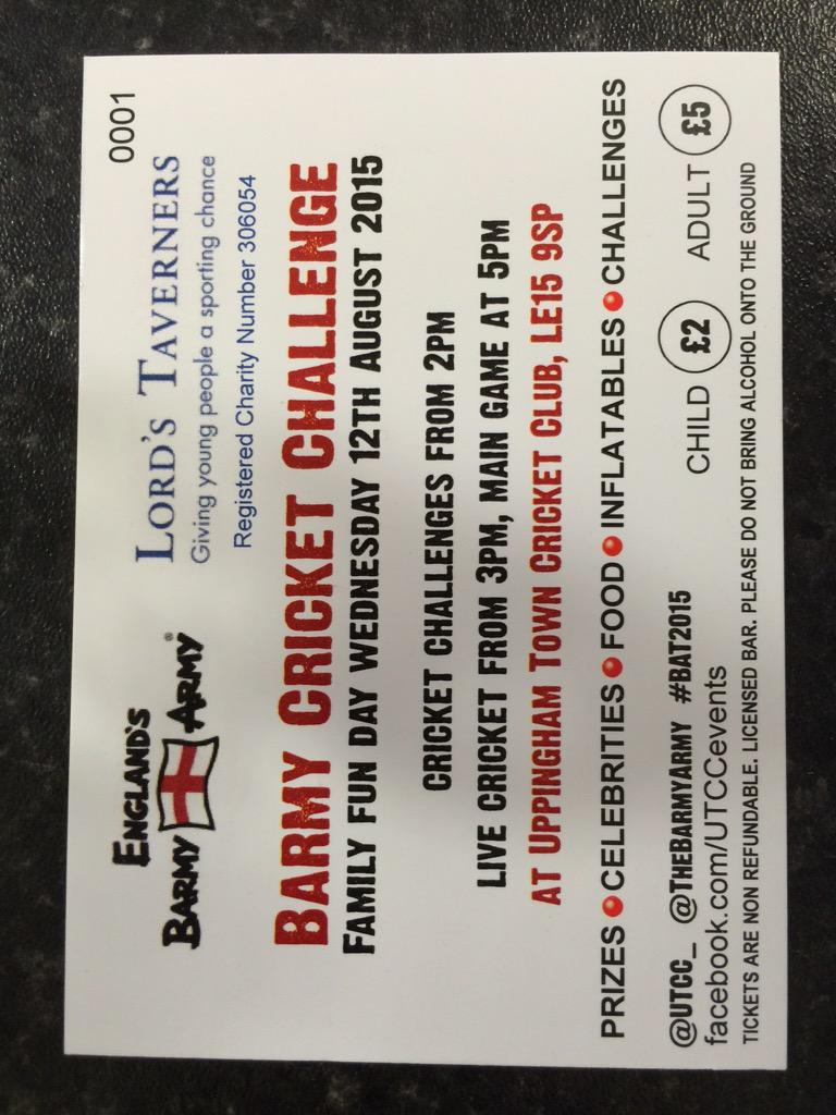 RT <a href="/UTCC_/">Uppingham Town CC</a>: The tickets have arrived &amp; the first ones have sold already.
Order yours now. <a href="/TheBarmyArmy/">England's Barmy Army 🏴󠁧󠁢󠁥󠁮󠁧󠁿🎺</a> #BAT2015