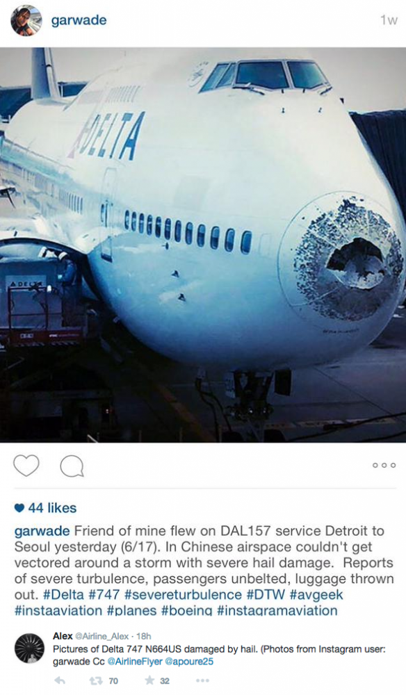 Thankfully this <a href="/Boeing/">The Boeing Company</a> 747 landed safely after encountering a serious hail storm. #avgeek savvystews.com/2015/06/delta-…