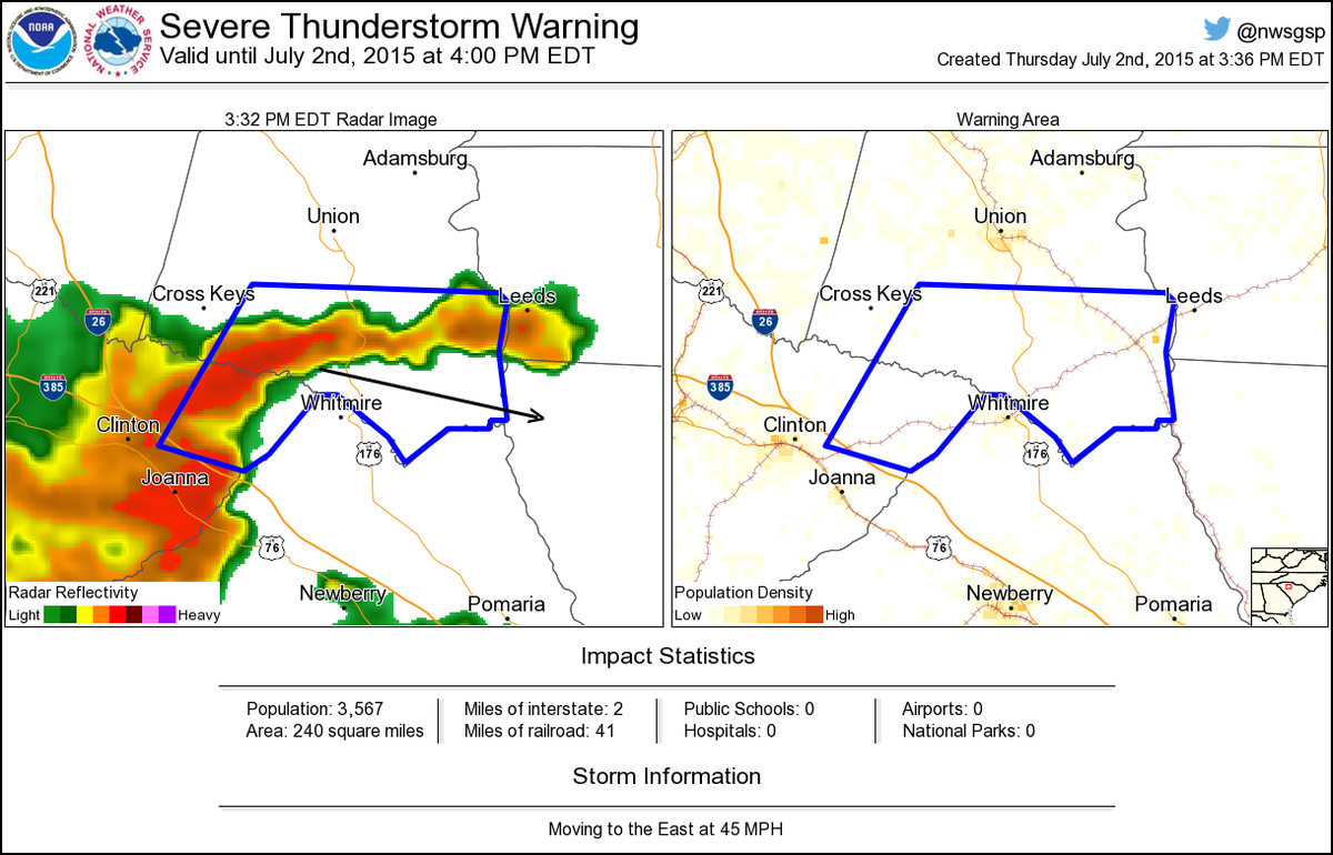 NWSSevereTstorm's tweet image. Severe Thunderstorm Warning including Sedalia SC, Carlisle SC until 4:00 PM EDT