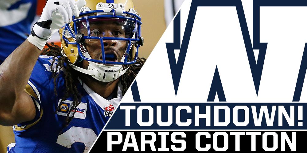 CFL's tweet photo. Back at it AGAIN! @Quick6PC finds the endzone for the second straight week.  

7-3 @WPG_BlueBombers. #CFLGameDay http://t.co/Yodq5qNteZ