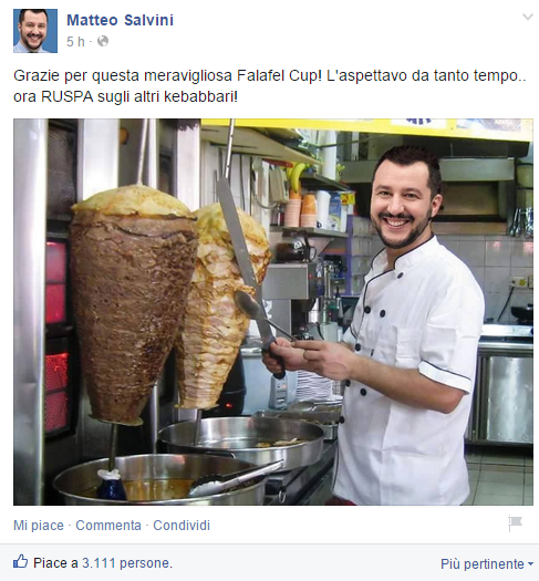 giannilabbate's tweet photo. Intanto la bacheca di #Salvini è sommersa di kebab #FalafelCup #SalviniKebabbaro https://t.co/ebwyHYifCf http://t.co/PPrr2fKV5x