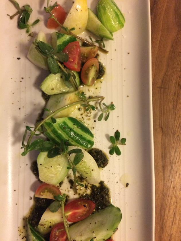 20spot's tweet photo. SF cooled down a bit, but summer bounty is here. Cucumber salad with mint pistachio pesto http://t.co/FbRF80vlOx