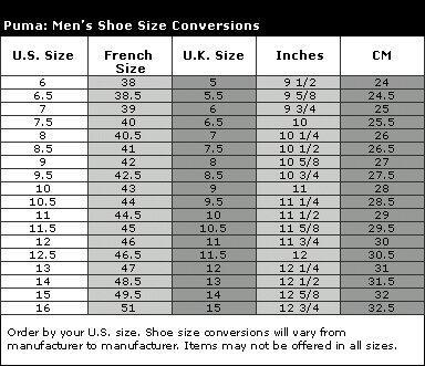 Puma Shoe Size Chart Inches