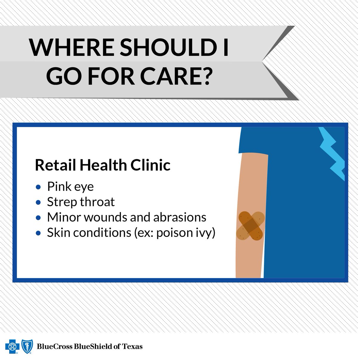 BCBSTX's tweet photo. Save time &amp; $$ by choosing retail clinics over the ER for common ailments #WhereYouGoMatters http://t.co/M5U9nK3Q55 http://t.co/XaZxJPc3wV