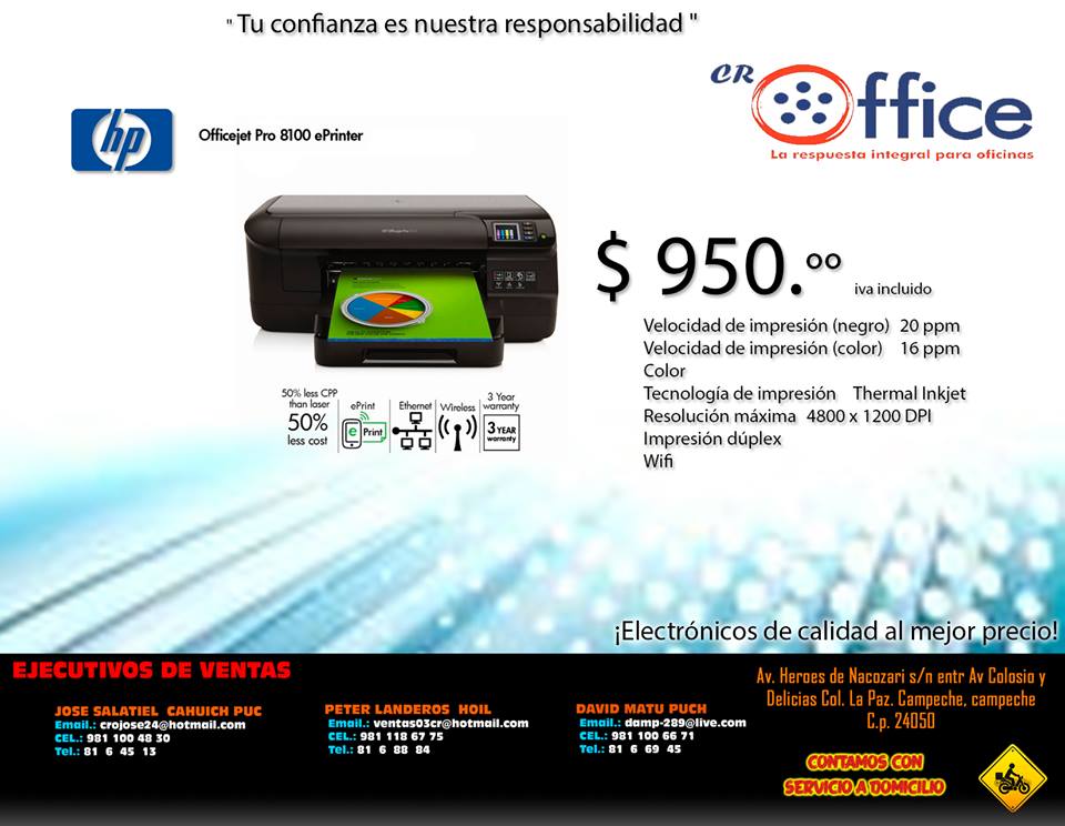 Impresora Officejet Pro 8100 ePrinter a solo $950.00. Cuenta con conexión de Red, Wifi y la tecnología HP ePrint.