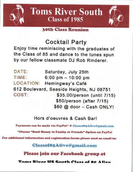 TRSAA1's tweet photo. ATTN CLASS OF '85: Reunion is coming up fast!! $35 until 7/15! Get your payments in!!!!! See pic for info! #85Alive http://t.co/i66pd2JCao