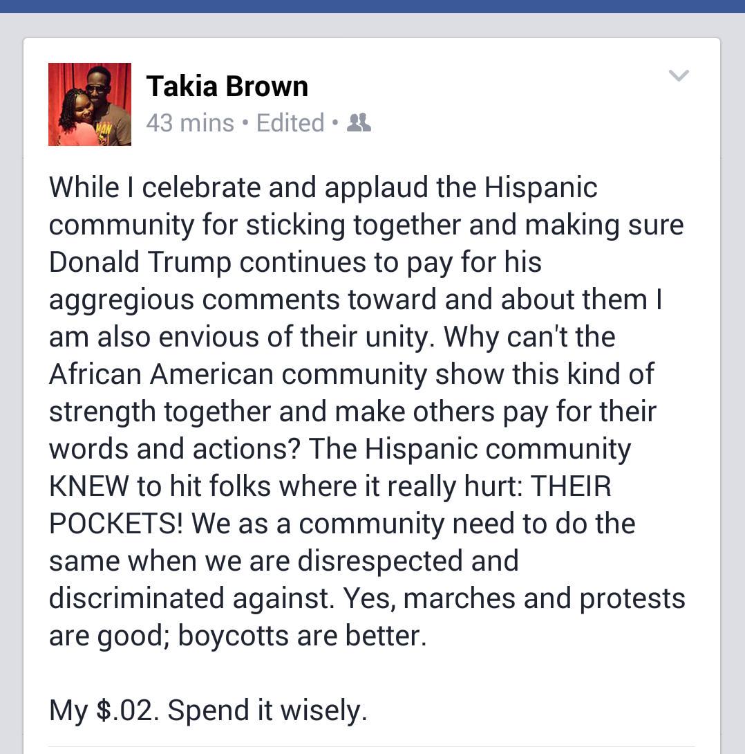 TakiaBrown's tweet image. If and when we finally shut it DOWN the world will feel it. #HispanicUnity #BlackUnity #BlackLivesMatter #DonaldTrump