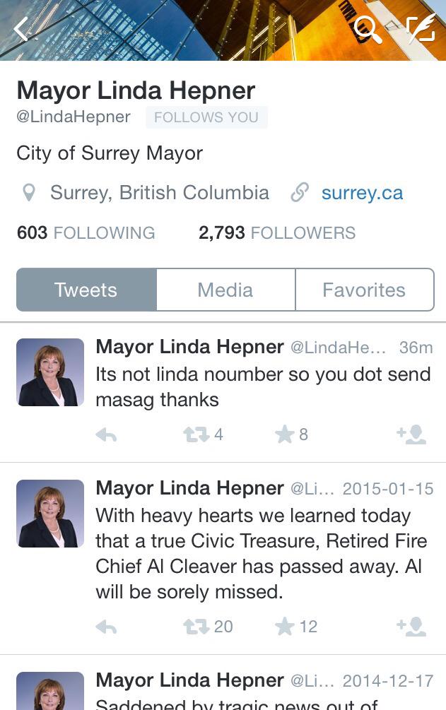 bobmackin's tweet photo. Surrey Mayor's odd Tweet the talk of the town. But only three Tweets in 198 days, none about #TransLinkTax. #bcpoli http://t.co/rqP3L6BjR0