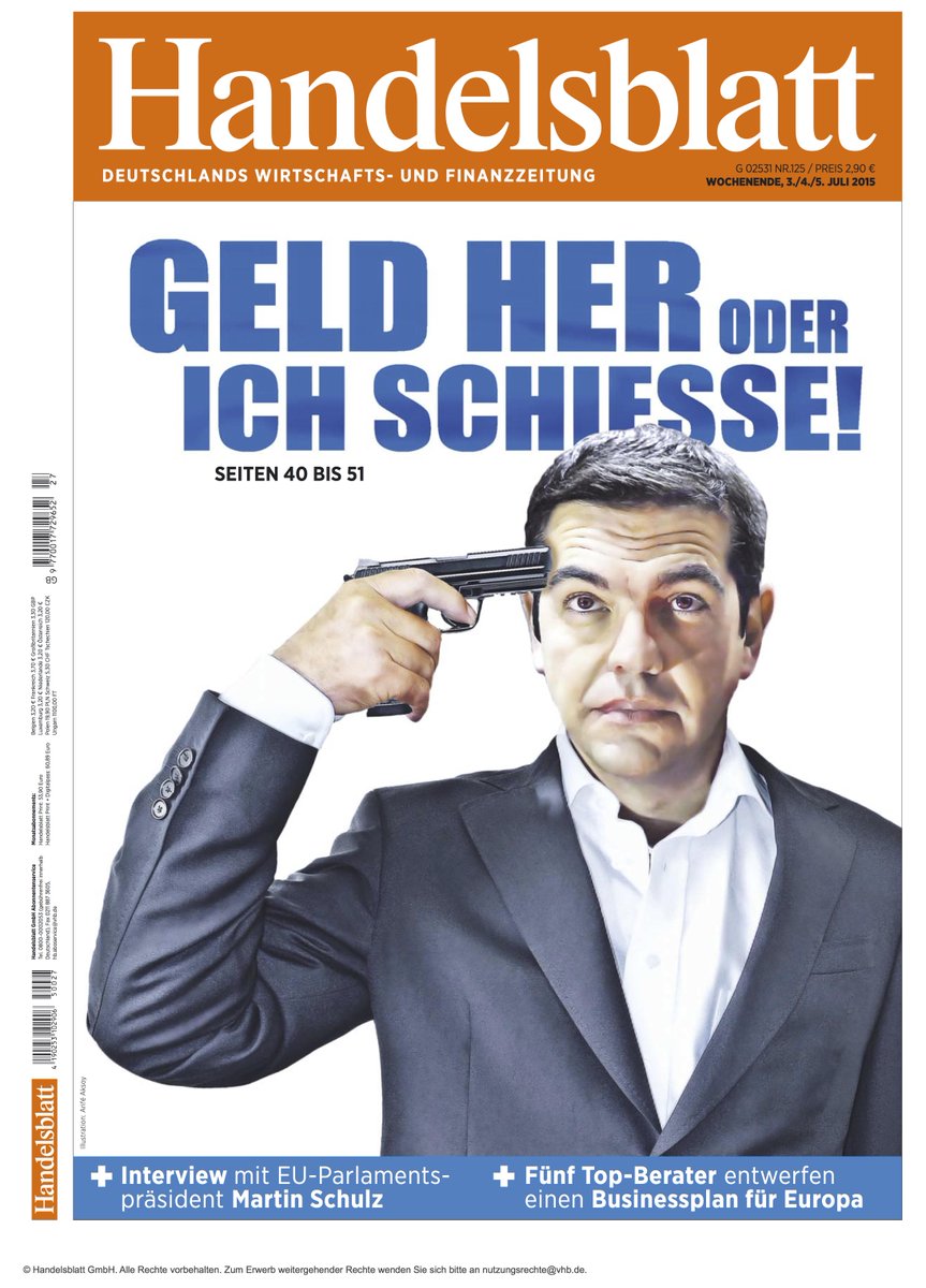 Schuldensuehner's tweet photo. That is how the Germans see the situation in #Greece: Give me the money or I will shoot. (via Handelsblatt) http://t.co/RAjgEOJEm1