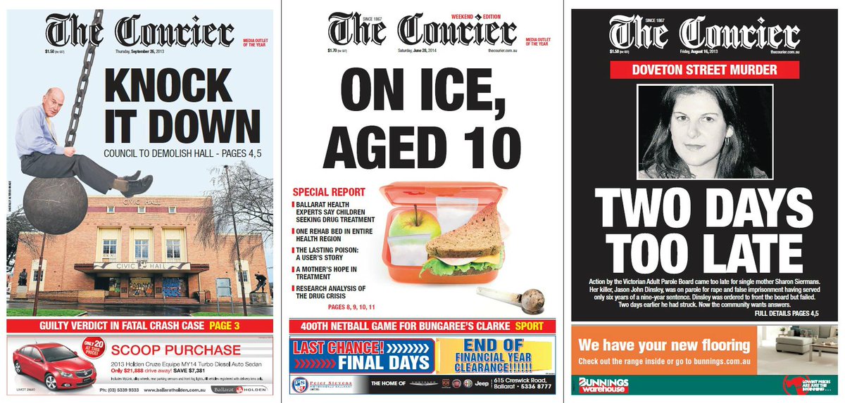 Some memorable Page 1s during my time at the <a href="/ballaratcourier/">The Courier</a> (stories by @rachel_afflick, @jordanholiver, @pjbypat):
