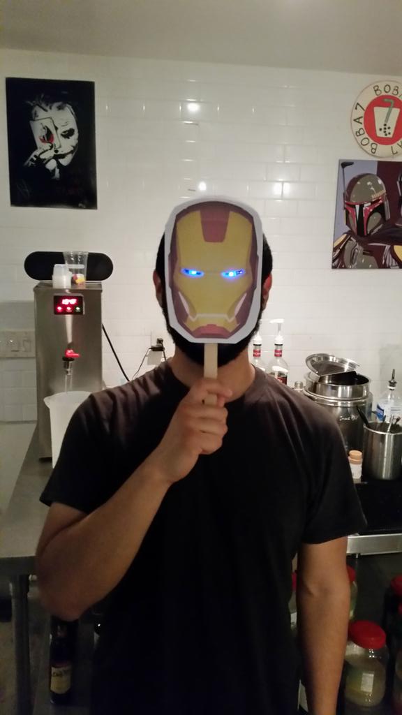 Conductak's tweet photo. Julio from @labobatory celebrating @AnimeExpo and Conductak! Ironman counts as anime right? ;) http://t.co/fM5GbiddJ0