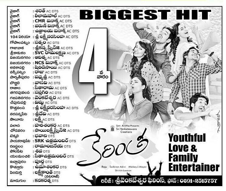 TeluguFilmBuzz's tweet image. #Kerintha steady run continues at boxoffice. Here's the 4th week Nizam, UttharAndhra, Krishna &amp;amp; Guntur area charts :