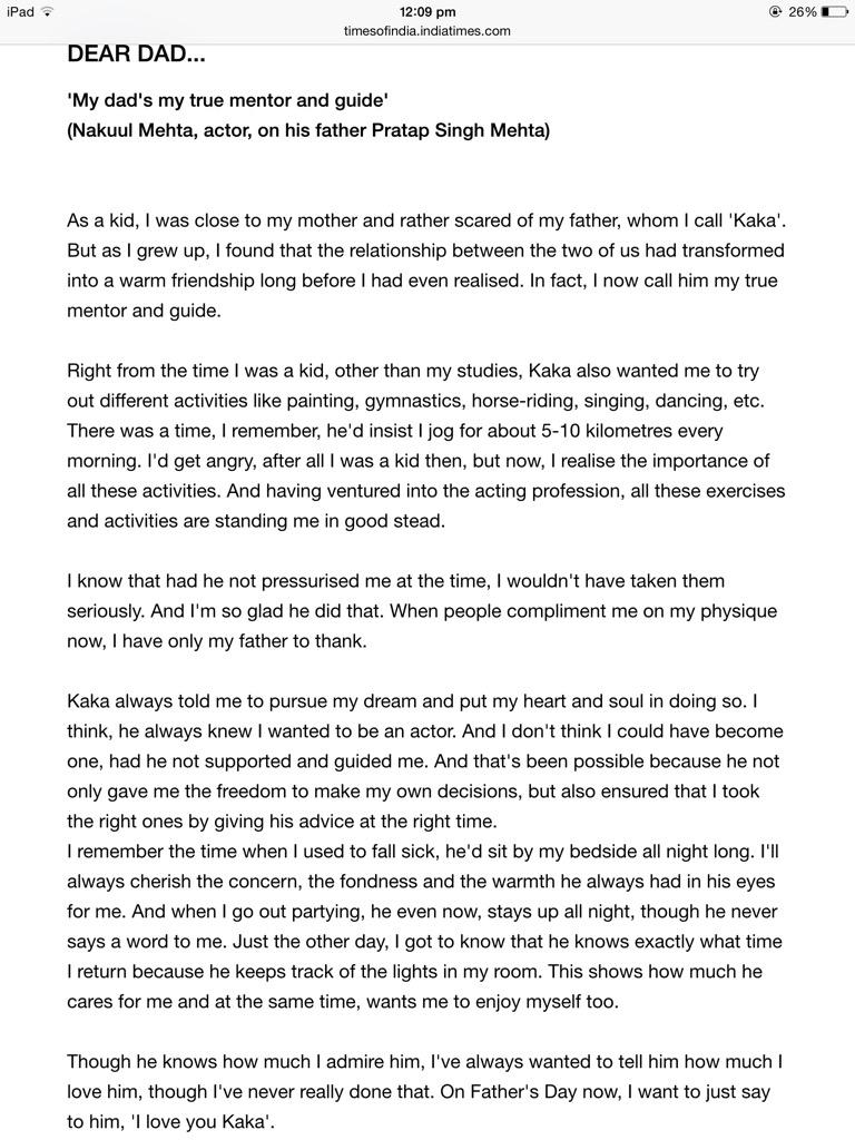 TripathiMansi's tweet photo. @NakuulMehta Found an old article on Father's Day Special..You called your dad "Kaka" Never knew that! #TOIArticle http://t.co/KgcdPw2bWl