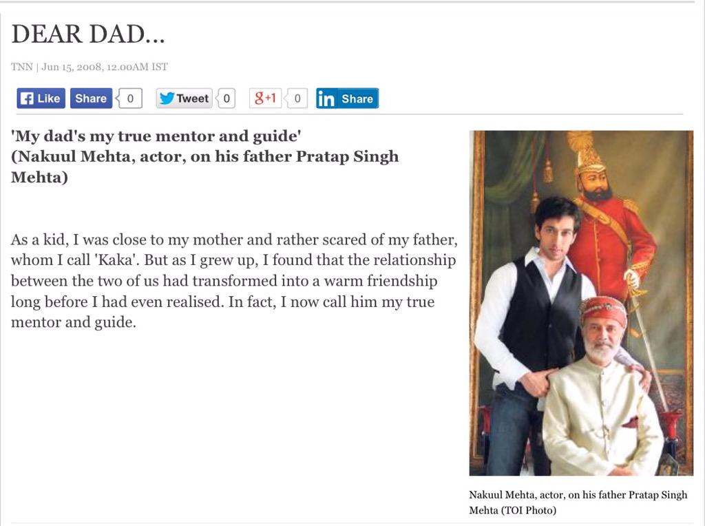 TripathiMansi's tweet photo. @NakuulMehta Found an old article on Father's Day Special..You called your dad "Kaka" Never knew that! #TOIArticle http://t.co/KgcdPw2bWl