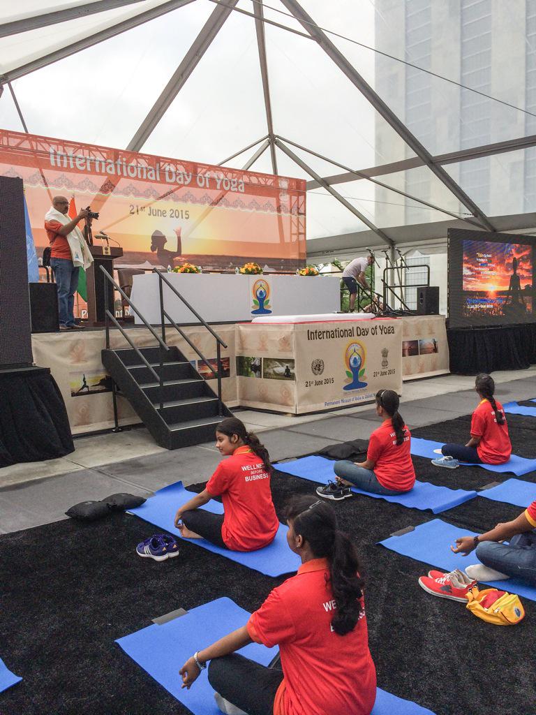 UN's tweet image. Mats are ready! #YogaDay at UNHQ in NYC will be underway soon! Watch live: webtv.un.org