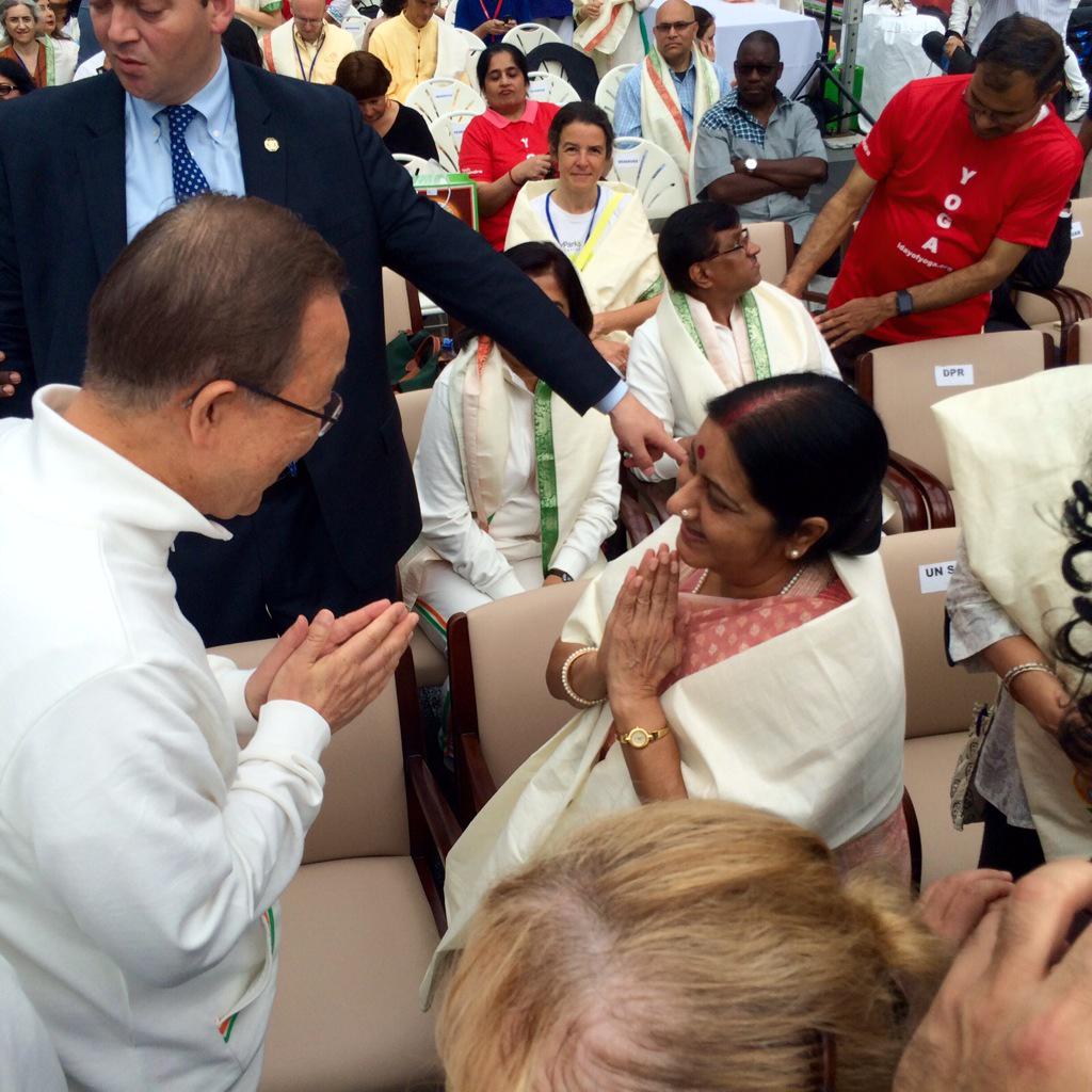 UN's tweet image. Who's in NYC for #YogaDay? Ban Ki-moon, @SushmaSwaraj @SriSri &amp;amp; more. Watch the action here: webtv.un.org