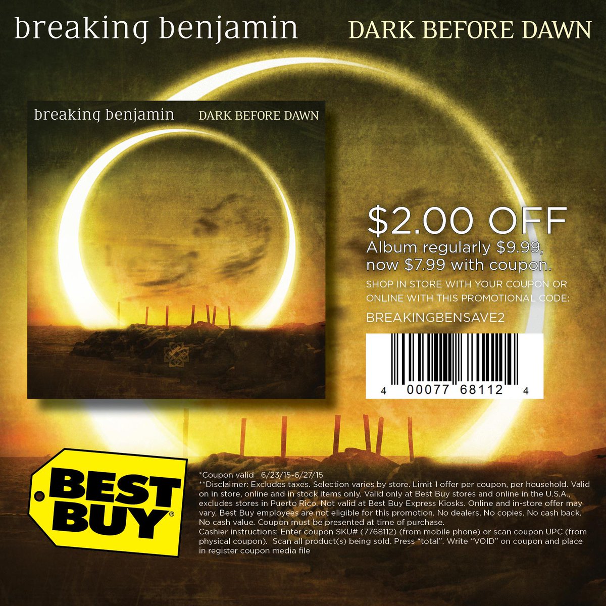 breakingbenj's tweet image. This Tuesday GET $2 OFF 'Dark Before Dawn' at @BestBuy w/ this coupon​ or online w/ promo code BREAKINGBENSAVE2!