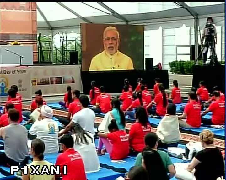 ANI's tweet photo. #InternationalDayofYoga celebration begins at UN Headquarters, New York with a message from PM Narendra Modi. http://t.co/34iyYVSjBJ
