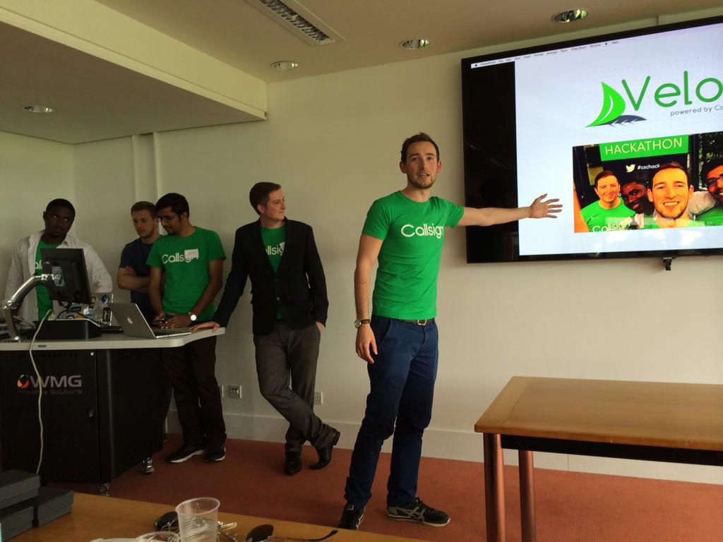 cmaple's tweet photo. @wellymaps @Callsign @WMGCyber team Velotech presenting at #cschack http://t.co/6gqPgjHMiJ