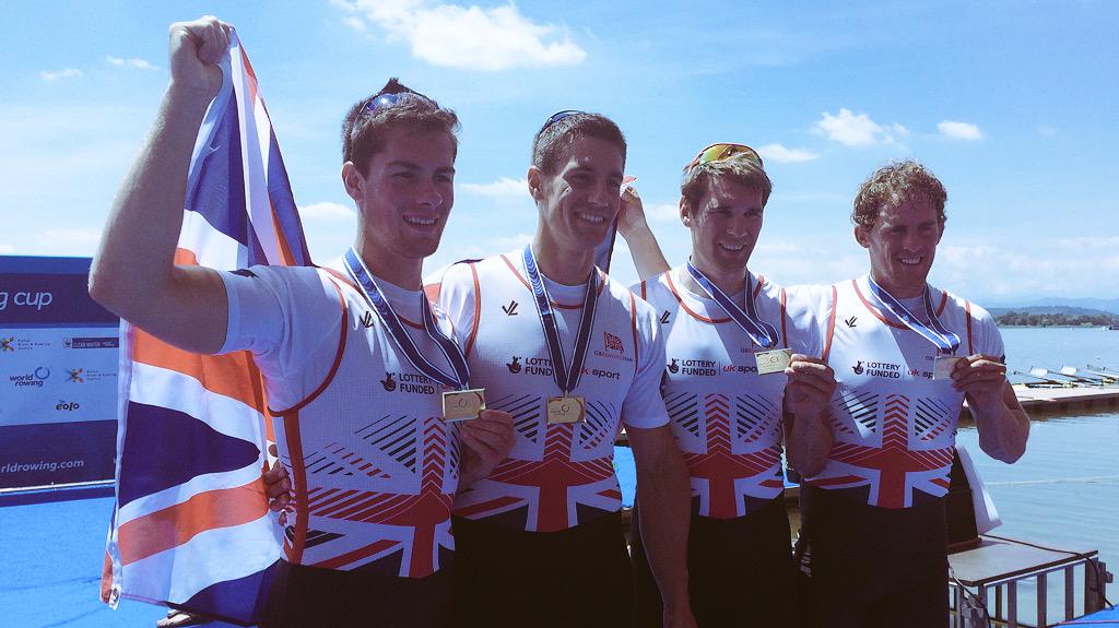 Big smiles. GB men's quadruple sculls gold. 

6 races left. Watch or listen on red button or 5 live sports extra.
