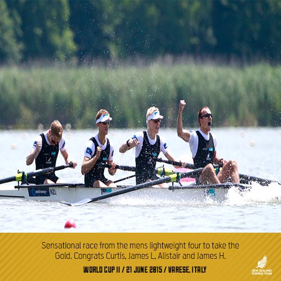RowingNZ's tweet photo. NZL men's lightweight four celebrate as they cross the line for the Gold! #WRCVarese http://t.co/UKtYappFKF