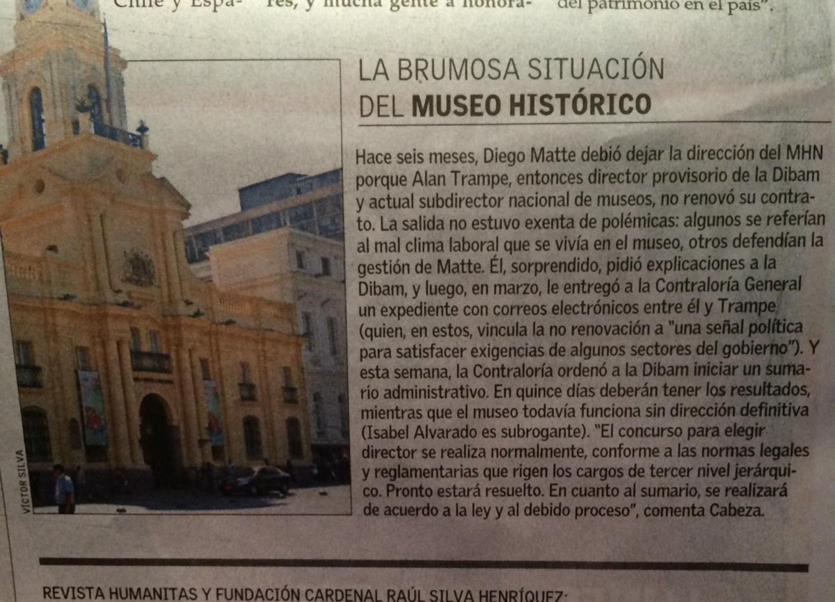 cleovar's tweet photo. Museo Histórico: Otro caso en que la mediocridad opta x descabezar sin reemplazar. Que vuelva Diego Matte!! http://t.co/ibmbBrhLFI
