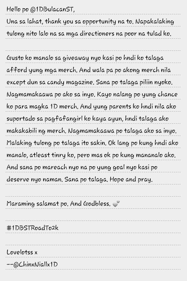 losthoep's tweet photo. I REALLY WANNA WIN #1DBSTRoadTo2k Giveaway. @1DBulacanST
(PLEASE HELP ME. RT THIS TWEET PLS? π) http://t.co/VC7nXxFsTU