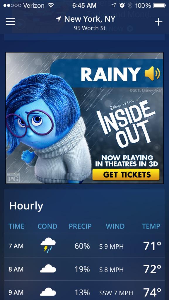 We all know weather impacts ppl's emotions and behavior.
Have to love this weather triggered creative for Inside Out.