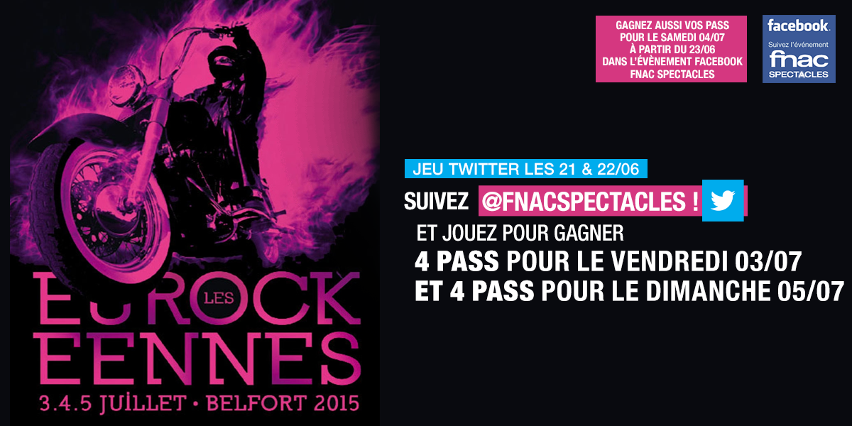 fnacspectacles's tweet photo. 🎶 #JeuFS Gagnez vos pass pour les @eurockeennes [05/07]❗
👉Follow+RT avt le 22/06 00h !
#FDLM2015 #FeteDeLaMusique http://t.co/d6FXlGIfzo