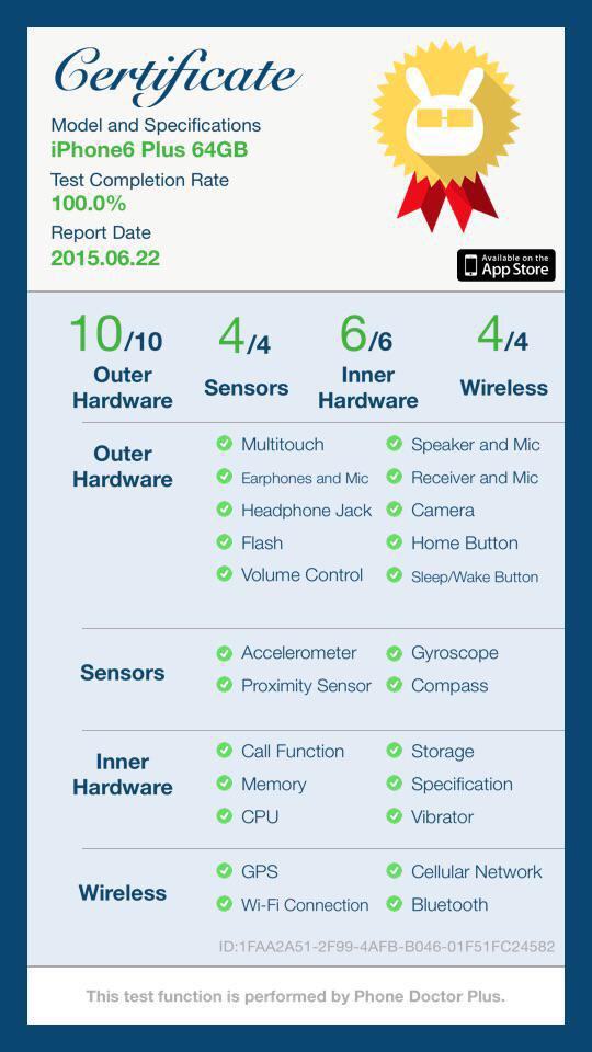 NadirALMarhoon's tweet photo. ูู
ุช ุจูุญุต ุฌูุงุฒู iPhone 6 plus ุนู ุทุฑูู ุชุทุจูู #PhoneDoctor ุฅูููู
ุดูุงุฏุฉ ูุชูุฌุฉ ุงููุญุต #ูุนู_ุชููู http://t.co/SBOh8KdWVb