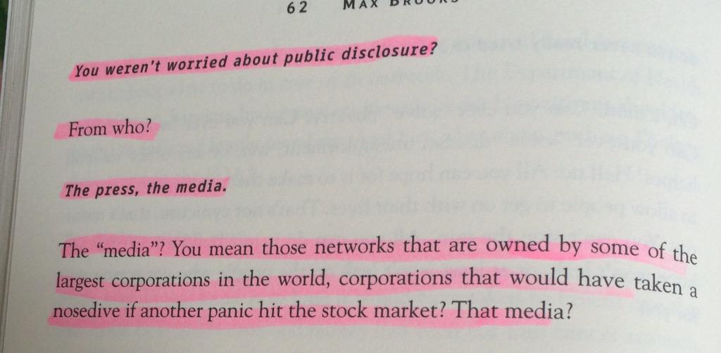 AlyssaNations's tweet photo. I love how Brooks covers so many aspects of society's corruption. From the media to the placebos. #li423 #WorldWarZ http://t.co/BaKNGow53E