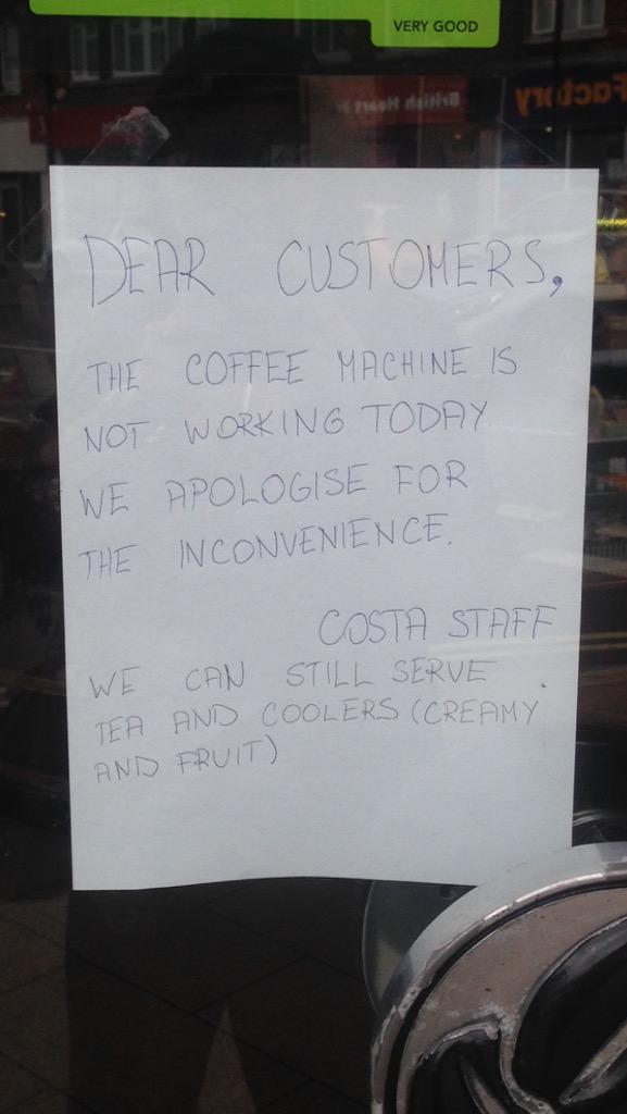 SotonProblems's tweet photo. Costa in Portswood is having a nightmare. Good job we've all left. #sotonuniproblems http://t.co/Rv4SfUjoUA