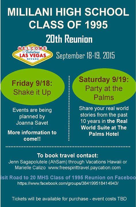 @MililaniTrojans class of 1995, we have only 90 days until our 20th reunion in Las Vegas. Make your plans now! #mhs95