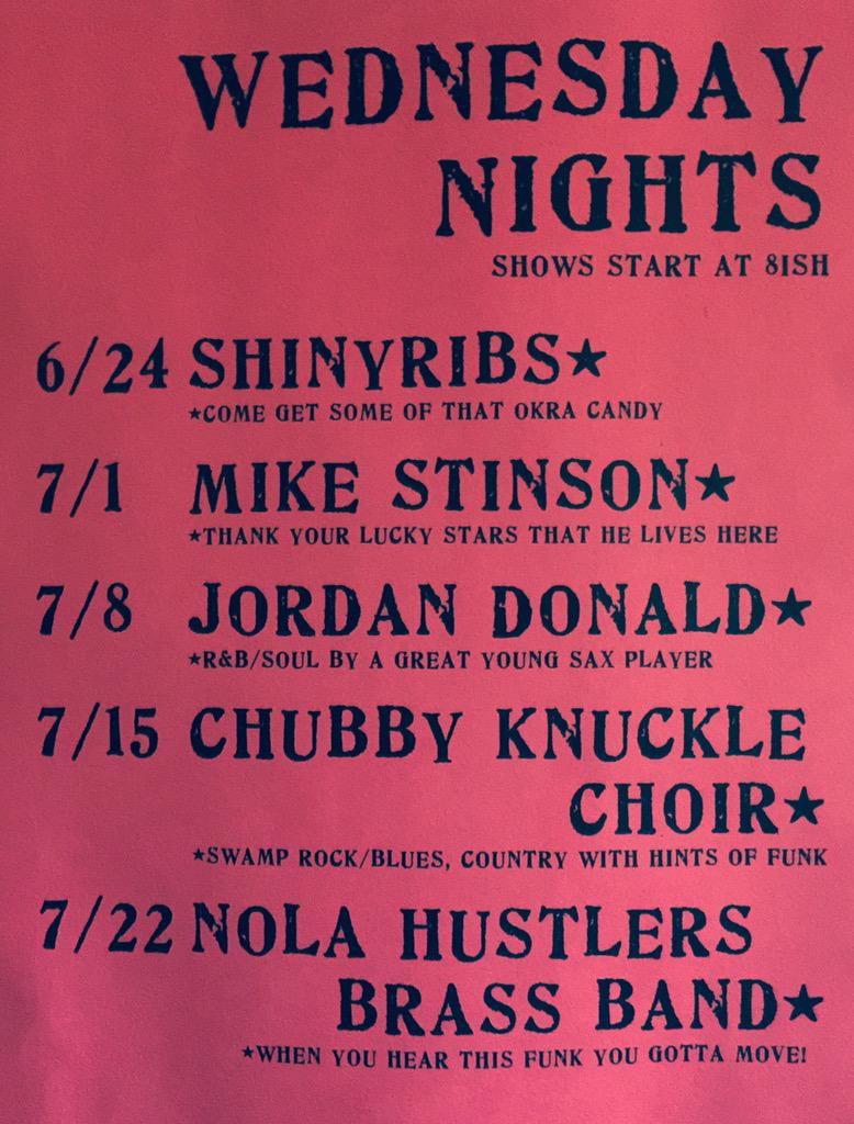 volcanohouston's tweet photo. Upcoming Wednesday Night Music with @shinyribs @StinsonCountry @chili_sauce @chubknuckchoir @Hustlers_BB http://t.co/ChzFqZs0rl