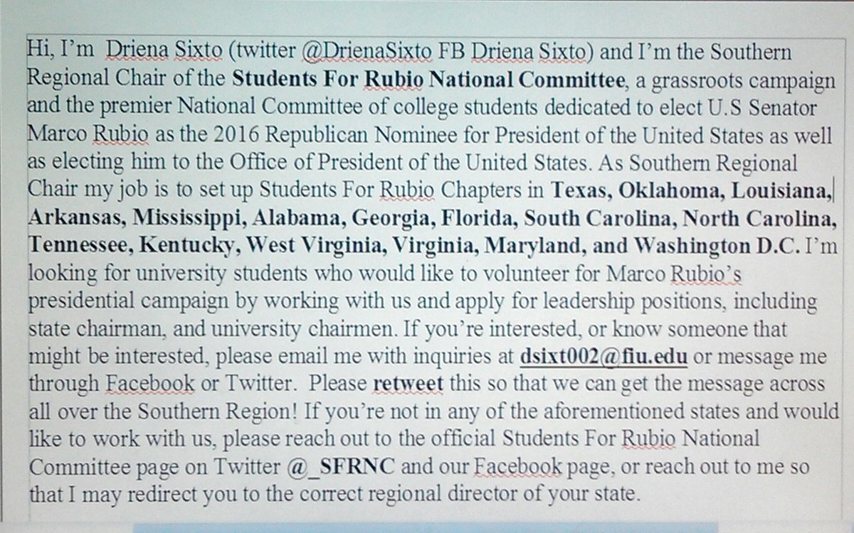 DrienaSixto's tweet image. Please RT! Students, sign up here! -&amp;gt; docs.google.com/a/fiu.edu/form… #studentsforrubio #rubio2016 #TeamMarco @_SFRNC
