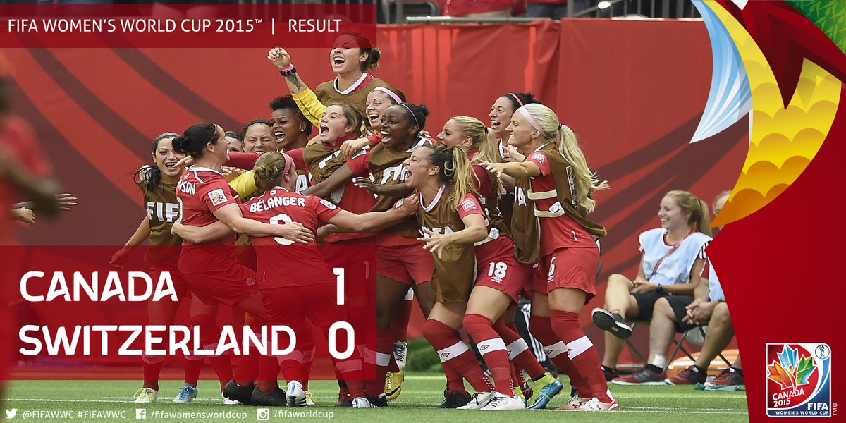 FIFAWWC's tweet photo. O CANADA! FT: #CAN 1-0 #SUI. @JoseeBelanger9's goal in front of 53,855 takes hosts to Last 8. http://t.co/EBudPbAwR0 http://t.co/EhhurU0cqh
